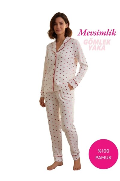 ALİMER Set de pijamale pentru femei, alb, roșu, cu model de inimă, bumbac 100% material reiat țesături, de tranziție mâneci lungi, cu buzunare