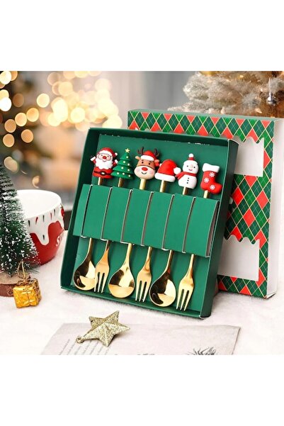 OEM Christmas Cutlery Set - 6 Pieces Gold Stainless Steel Spoons & Forks for Coffee and Dessert