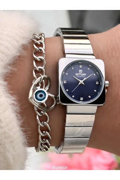 Reward Women's Watch, Square-Round Case, Navy Blue Dial, Silver Steel Band, Comes in Stylish Box with Bracelet Gift