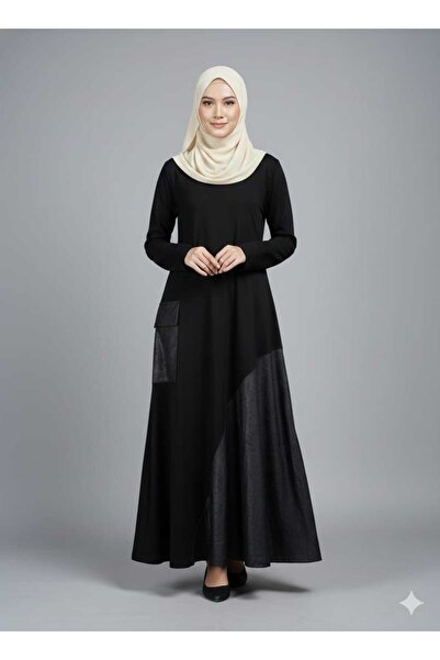 QUAWEAR Round Neck Leather Print Detailed Combed Cotton Dress