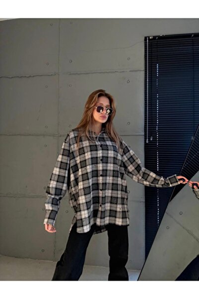 EFTELYABUTİK Kadın taş detaylı Oversize kareli gömlek