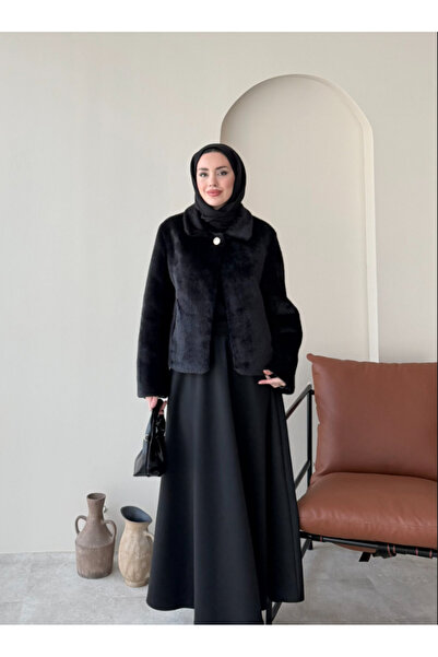 Molly Nelly Kadın Düğme Detaylı Yakalı Tüylü Şık Ceket