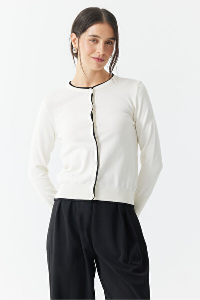 PAULMARK Women's Pique Knitted Band-Style Crocheted Cardigan with Circular Neckline Em1197