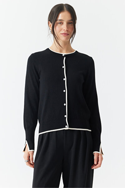 PAULMARK Women's Pique Knitted Band-Style Crocheted Cardigan with Circular Neckline Em1197