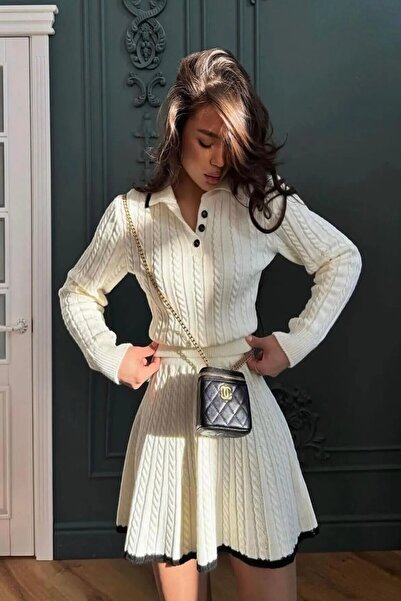 Alegre Women's Ecru Braided Polo Neck Stripe Detailed Knitwear Skirt Set