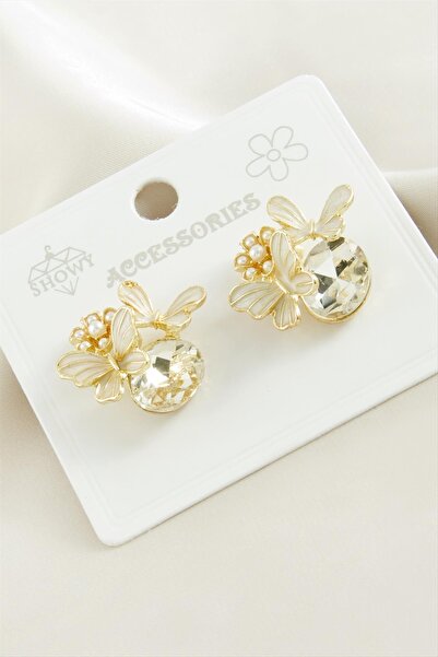 nolva أقراط معدنية مرصعة بحجر اللؤلؤ على شكل فراشة