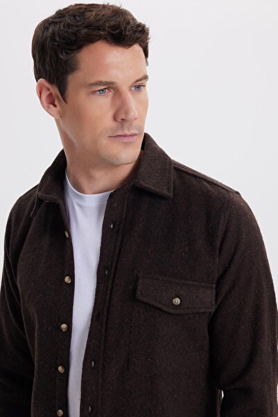 Tudors Men's Slim Fit single pocket flap plain lumberjack sport dark brown shirt