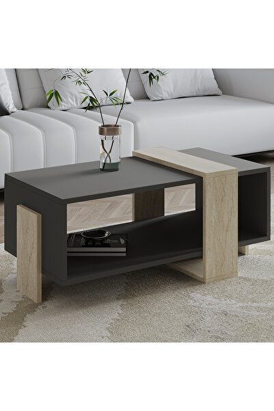 İNARCH DİZAYN Meleni Orta Sehpa – 90 cm Modern Tasarım – Raflı Traverten/Antr...