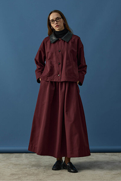 Kübra Yiğit Leather Collar Jacket Set Claret Red