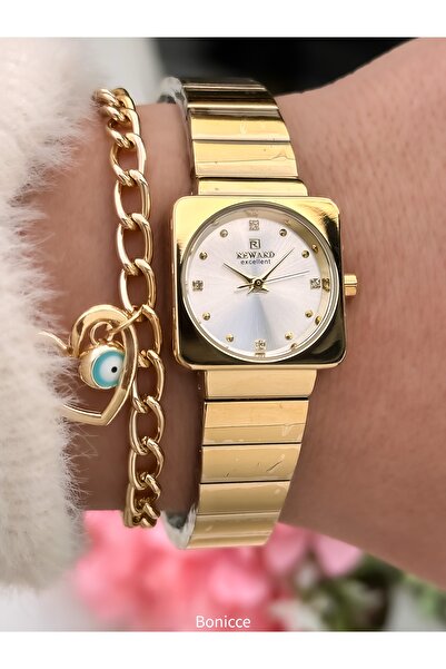 Reward ساعة نسائية، هيكل مربع دائري، مينا أبيض، سوار فولاذي أصفر، في علبة أني...