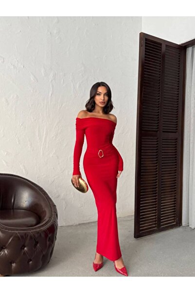 ELBEY Madonna Yaka Belden Aksesuar Detaylı Uzun Elbise