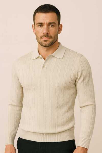 ANATOLIATEKSTILE Men's Torsade Knit Blouse – Elegant, Slim Fit Polo