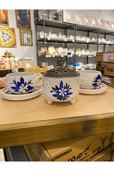 ColorCraft 2-Person Handmade Blue Crown Leaf Pattern Ceramic Mug Set - Tea Coffee Presentation Set