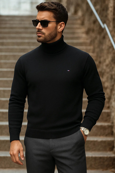 comstar Men's Winter Basic Long Turtleneck Black Sweater