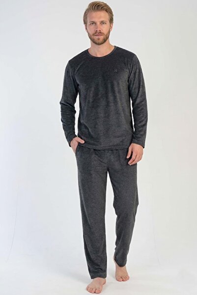 VİENETTA Men's Long Sleeve Anthracite Velvet Pajama Set – Soft Texture, Winter Comfortable Model C3T0N6005