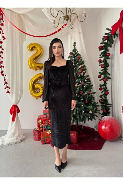 EtikaOnline Kadın Kadife Kalp Yaka Midi Elbise