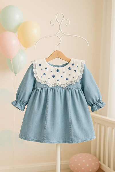 VİTRİNMİXMİNİ 100% Cotton Embroidered and Lace Collar Light Blue Girl's Dress