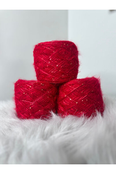 VELİNACOLLECTİON Kırmızı Pullu Parlak Moher Örgü İpi 100gr