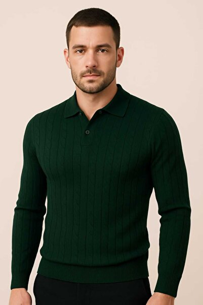ANATOLIATEKSTILE Men's Torsade Knit Blouse – Elegant, Slim Fit Polo