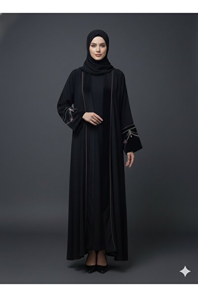 diğerr1 Nakış ve Renkli Taş İşlemeli Siyah Abaya Tesettür Giyim