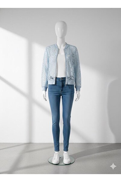 ROTA EXPORT DANTEL DETAYLI MAVİ BOMBER CEKET