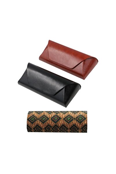 OEM Set of 3 glasses cases, imitation leather, black and brown, magnetic closure, velvet interior
