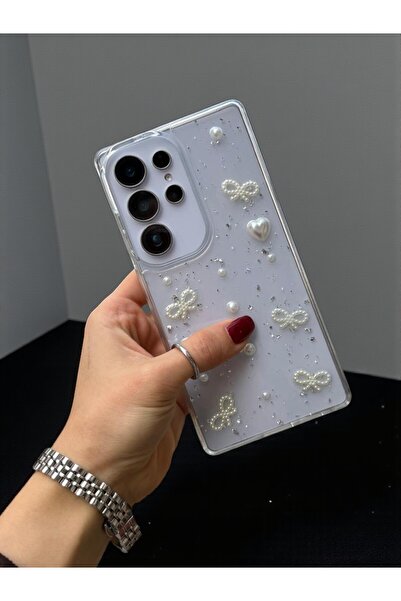 KVK PRİVACY Samsung S25 Ultra Uyumlu İnci Kalp Fiyonk 3D Şeffaf Dayanıklı Tel...