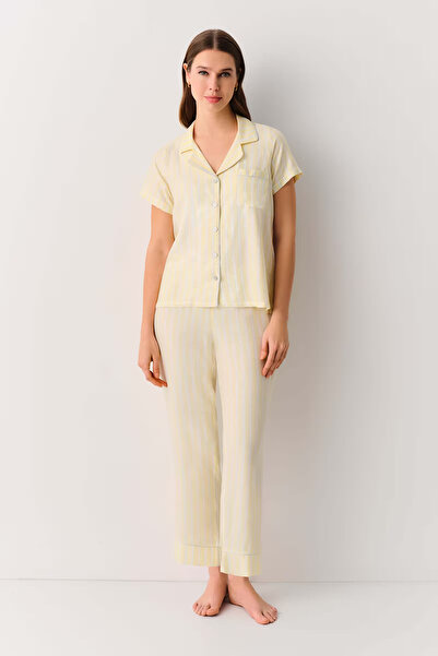 SUWEN Yellow Striped Cindy Shirt Collar Pajama Set
