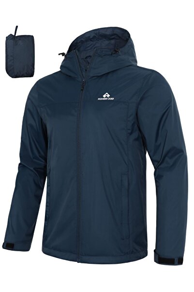 HOODFAME Men's Hooded Rain Jacket Waterproof Windproof Lightweight Cycling Jacket – Navy Blue S