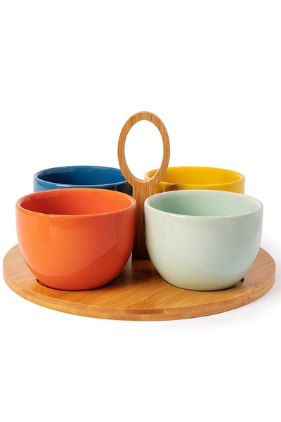 PUFO Set of 4 elegant ceramic bowls with bamboo stand for appetizers, snacks, fruits, multicolor
