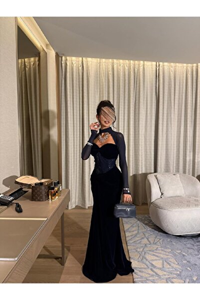 Generic Navy blue velvet evening dress with a corset design and top sash.