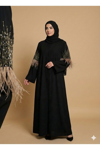 diğerr1 Tüylü Kol Detaylı Boncuk İşlemeli Abaya