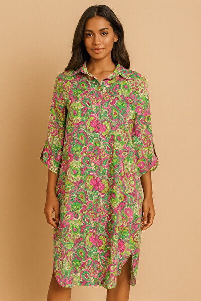 Store Kadın Pembe Desenli Gömlek Yaka Oversize Rahat Kesim Elbise / Tunik