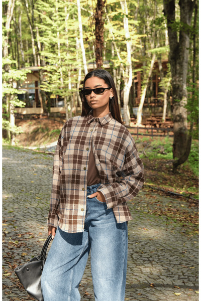 HOPE AND ME Oversized Plaid Patterned Burgundy Lumberjack Shirt
