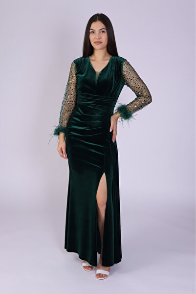 Ella Collection Rochie elegantă din catifea cu decolteu în V și mâneci din pl...