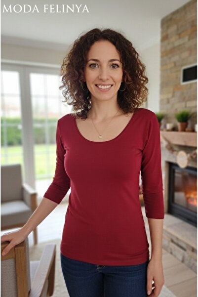 moda felinya KADIN BORDO RENK BALERİN YAKA TRUVAKAR KOL (DİRSEK ALTI) BODY