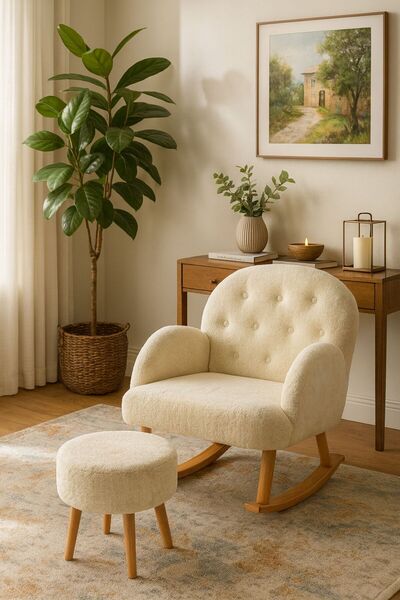 KOKİ DESİGN Sallanan Ahşap Ayaklı Wellsoft Krem Berjer - PUF HEDİYELİ