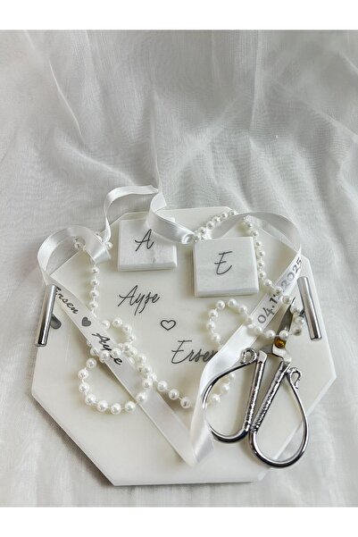 MERALP Kişiye Özel Mermer Söz/ Nişan Tepsisi Makas Baskılı kurdele Yüzüklük, Gümüş Metal Tekli Kulp