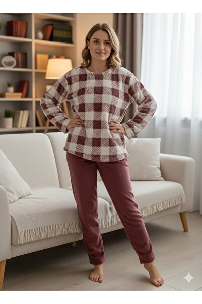 FAMES PİJAMA KADIN PEMBE EKOSELİ PELUŞ PİJAMA TAKIM