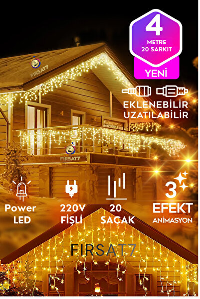 Fırsat7 20 Saçaklı Sarı Led Işık Sarkıt Efekt Modlu 4 Metre Power Led 50*60*70cm Çakarlı Süsleme 220v Fişli