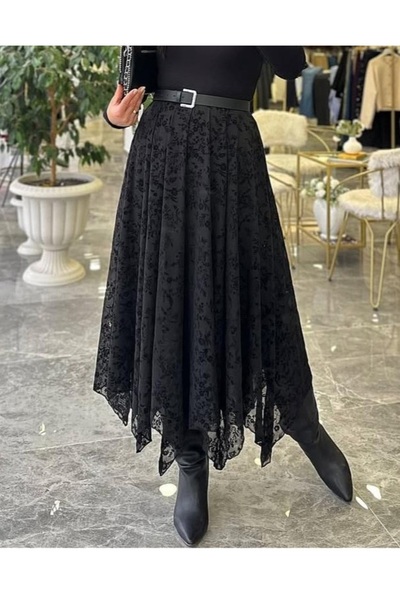 GAMZE ALPTEKİN Flok cu imprimeu Fusta maro asimetrică căptușită cu talie elas...