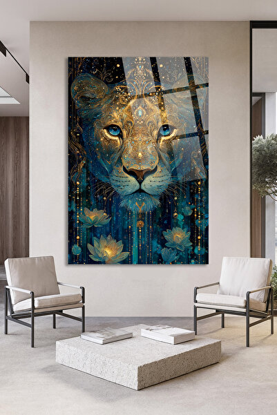 TAULART TABLA DE STICLA DE LUX INIMPUTABILĂ, DESIGN MISTIC DE LEU AURIE CU DE...