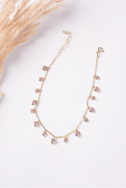 SUNSHINE 925 Ayar Gümüş , Gold Kaplamalı Pembe Taşlı Kalp Halhal