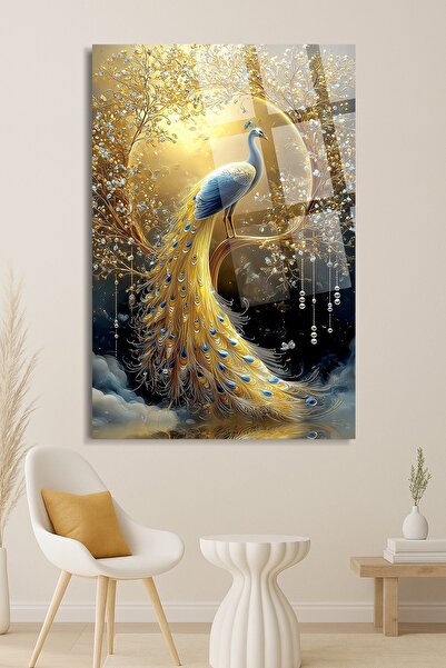 TAULART Gold Blue Peacock Pattern Luxury Artistic Home Gift Painting Unbreaka...