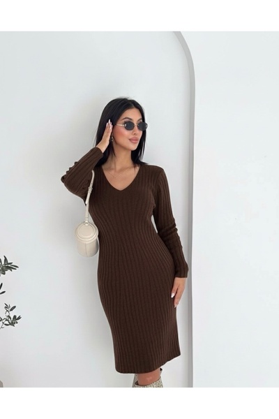ABBA Rochie din tricot cu textura moale, cu decolteu în V, maro