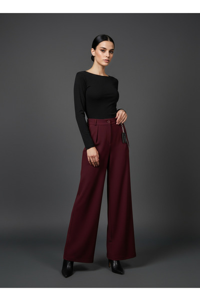 zaden Kadın Bordo Palazzo Pantolon Geniş Paça