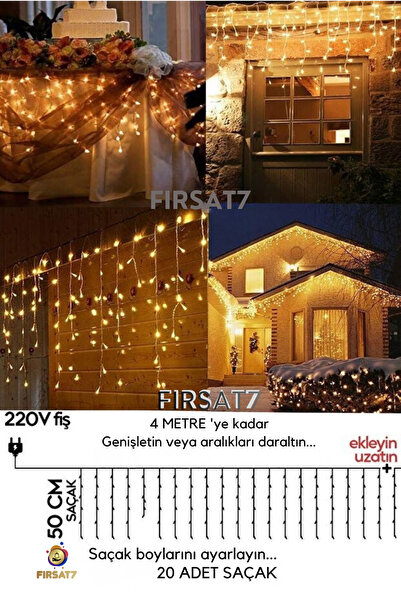 Fırsat7 20 Saçaklı Sarı Led Işık Sarkıt Efekt Modlu 4 Metre Power Led 50*60*70cm Çakarlı Süsleme 220v Fişli