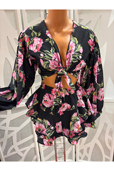 OEMN Set dama top cropped cu maneci bufante si fusta-pantalon, imprimeuri var...