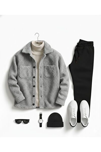 dwnwear Men's Set Bottom Top Plush Shirt- Sweatpants Long Sleeve Bottom Top Set