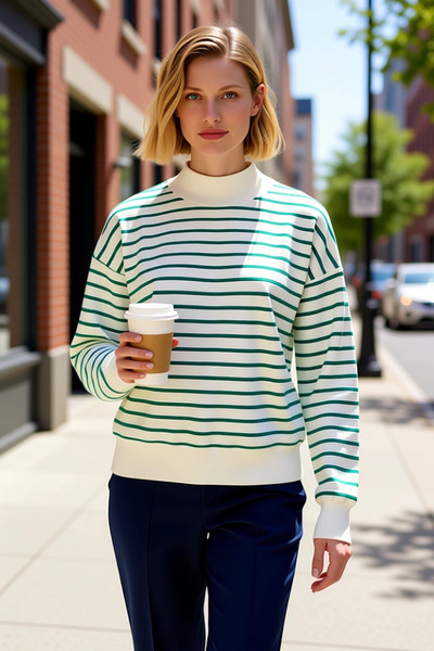 BENERLY Women's Crew Neck Low Sleeve Striped Knitted Sweatshirt Functional Du...